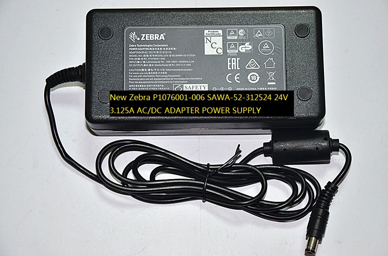 New Zebra 24V 3.125A AC/DC ADAPTER P1076001-006 SAWA-52-312524 POWER SUPPLY